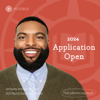 2023 Apply Graphic - features a photo of 2023 PD Soros Fellow Jermaine Anthony Richards with the PD Soros logo compass behind him and the text "2024 Application Open"
